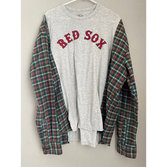 RED SOX Flannel Tshirt, Reworked, Upcycled, Baseball, Boston - Picture 1 of 3